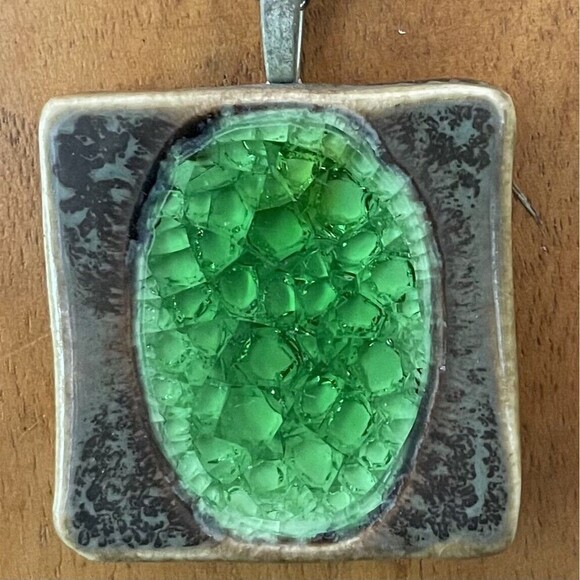 Green Brown Ceramic + Glass Pendant Handmade Art Necklace Square Frame Unique - Picture 1 of 3